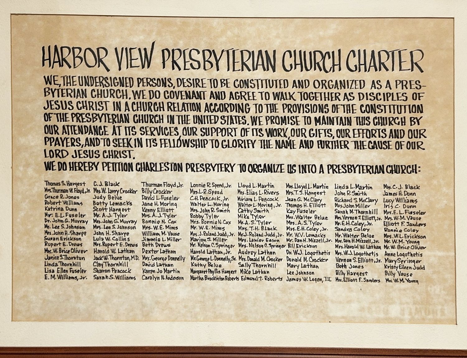 The original charter certificate of Harbor View Presbyterian Church, signed by its charter members